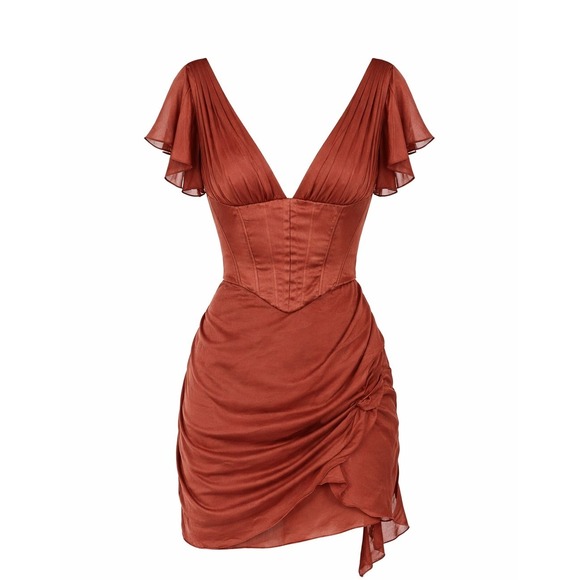 Oh Polly Cerise Draped Corset Zipper Terra-cotta V-Neck Mini Dress Size 6 - Picture 2 of 9